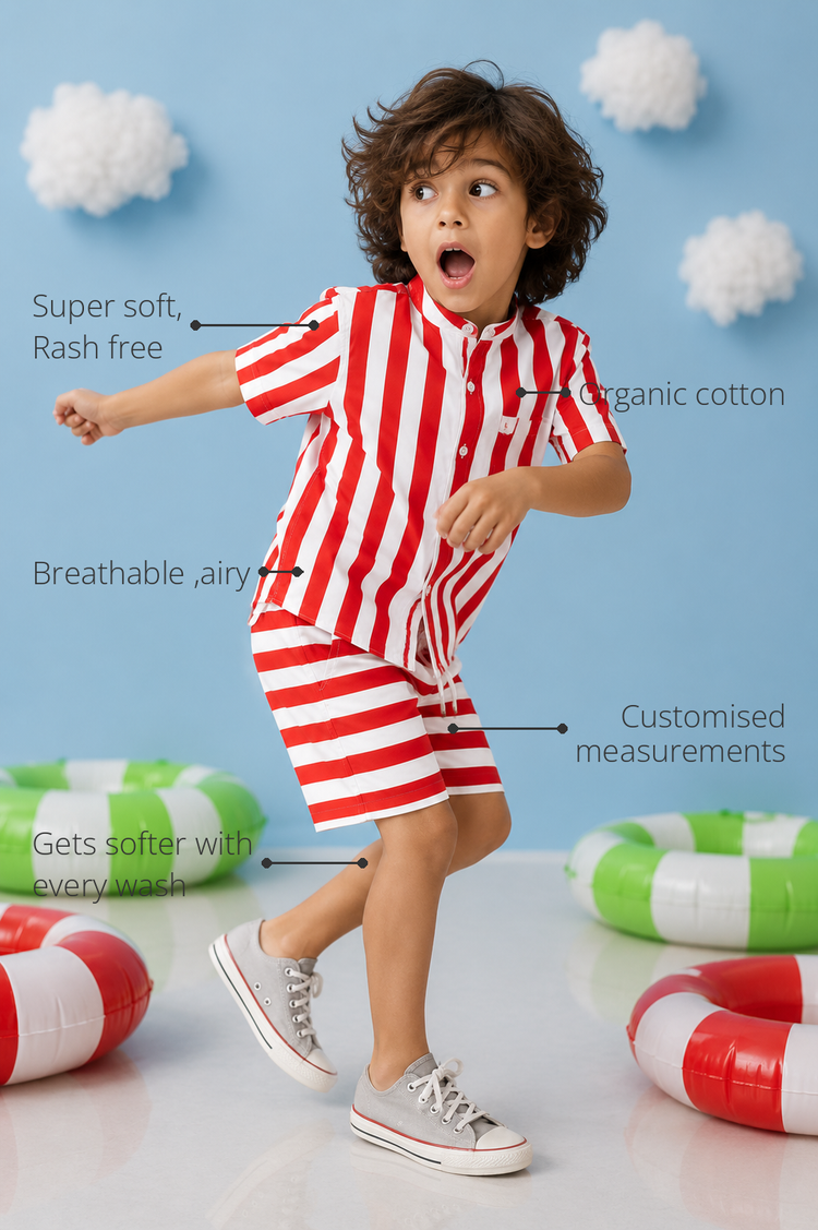 Anaario Red Stripe Shorts features - organic cotton, super soft and rash free, breathable, gets softer with every wash, customised measurements