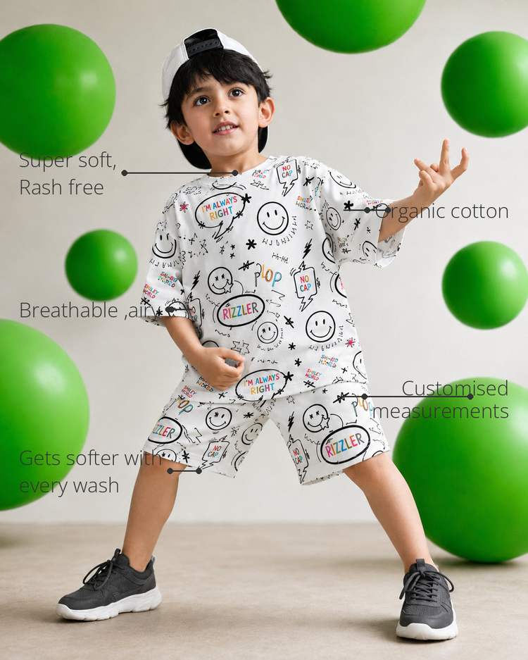 Anaario Rizzler Co-ord Set features - organic cotton, super soft and rash free, breathable, gets softer with every wash, customised measurements