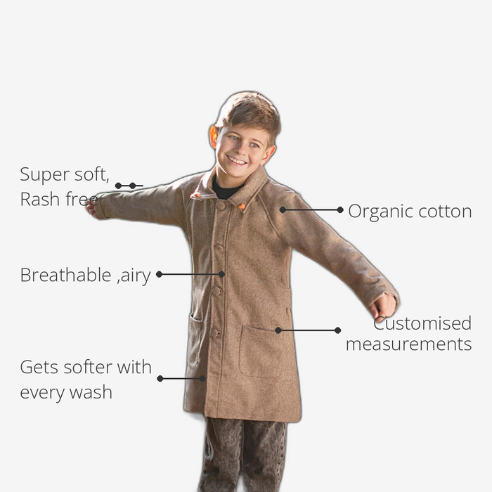 Anaario Rudolph Overcoat features - organic cotton, super soft and rash free, breathable, gets softer with every wash, customised measurements