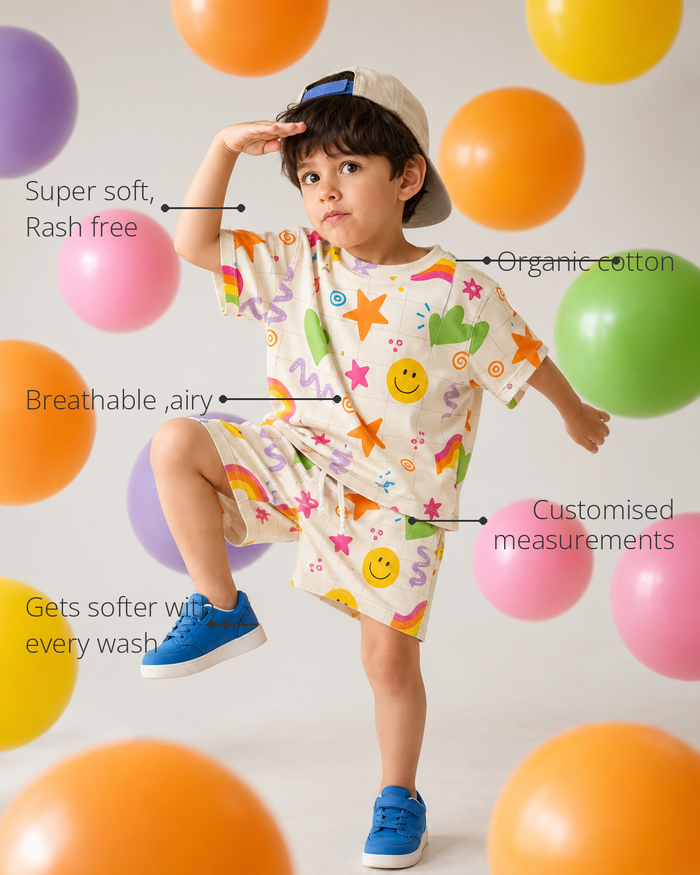 Anaario Scribble Pop Co-ord Set features - organic cotton, super soft and rash free, breathable, gets softer with every wash, customised measurements