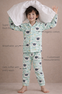 Anaario Sheep & Night Sky Night Suit features - organic cotton, super soft and rash free, breathable, gets softer with every wash, customised measurements
