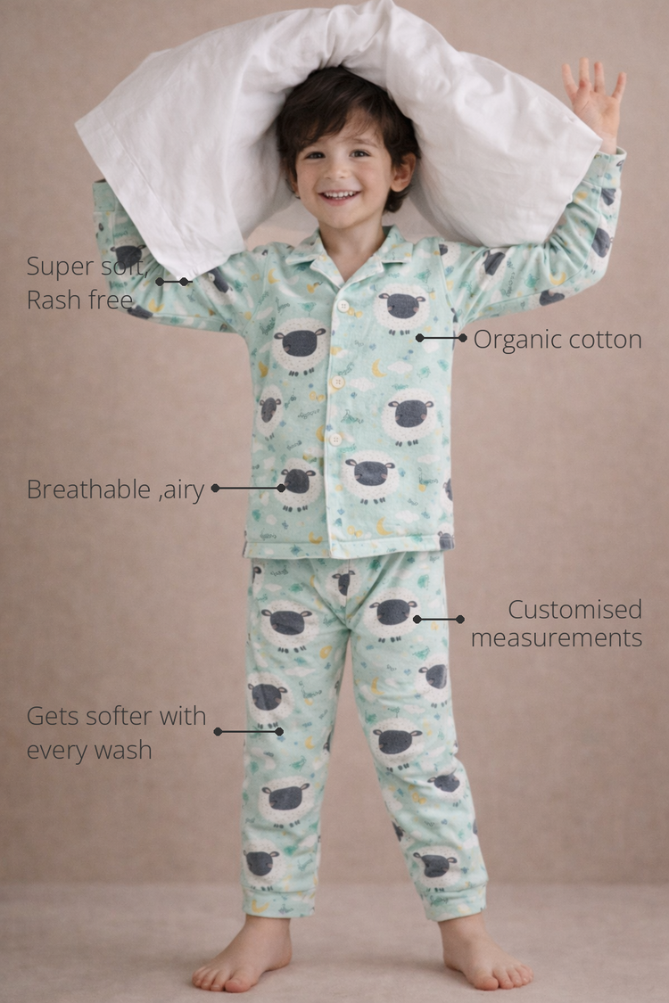 Anaario Sheep & Night Sky Night Suit features - organic cotton, super soft and rash free, breathable, gets softer with every wash, customised measurements