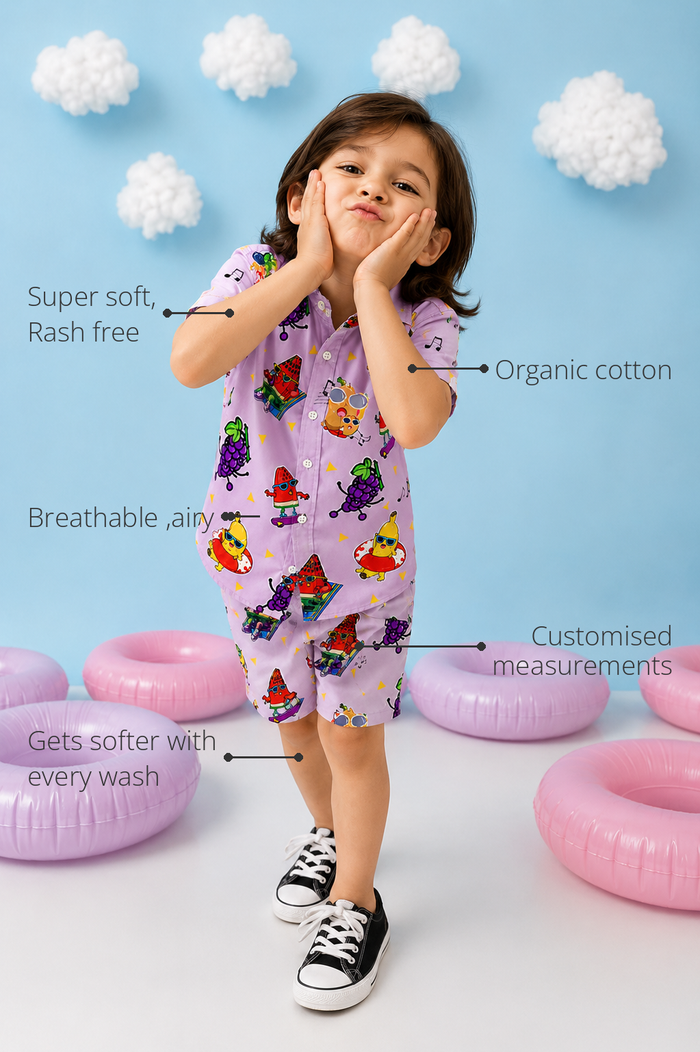 Anaario Skate Fruit Shorts features - organic cotton, super soft and rash free, breathable, gets softer with every wash, customised measurements