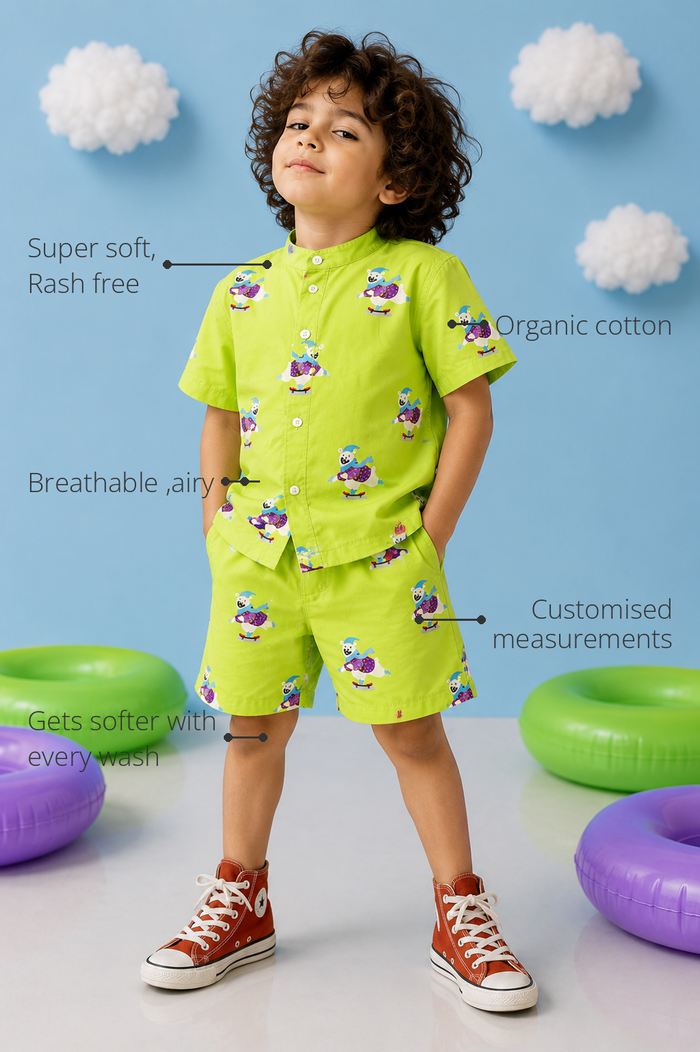Anaario Skate Fruit Shorts features - organic cotton, super soft and rash free, breathable, gets softer with every wash, customised measurements