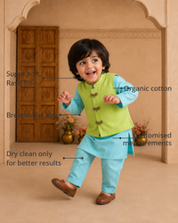 Anaario Sky Blue Dragonfly-Motif Waistcoat Set features - organic cotton, super soft and rash free, breathable, dry clean only, customised measurements