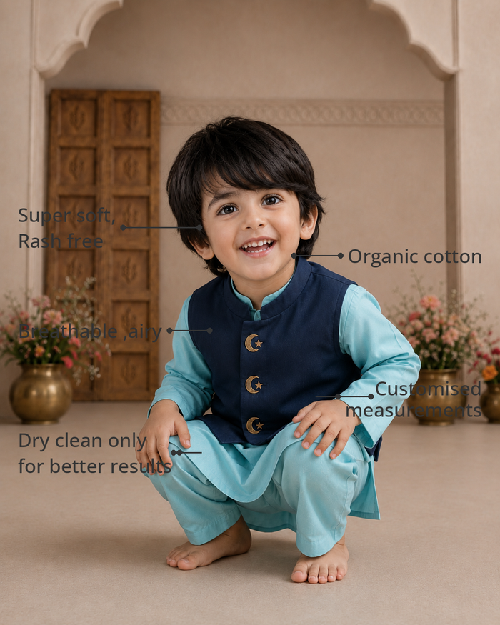 Anaario Sky Blue Moon-Star Waistcoat Set features - organic cotton, super soft and rash free, breathable, dry clean only, customised measurements