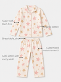 Anaario Starlight Night Suit features - organic cotton, super soft and rash free, breathable, gets softer with every wash, customised measurements