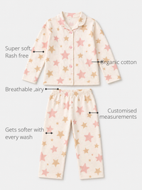 Anaario Starlight Night Suit features - organic cotton, super soft and rash free, breathable, gets softer with every wash, customised measurements