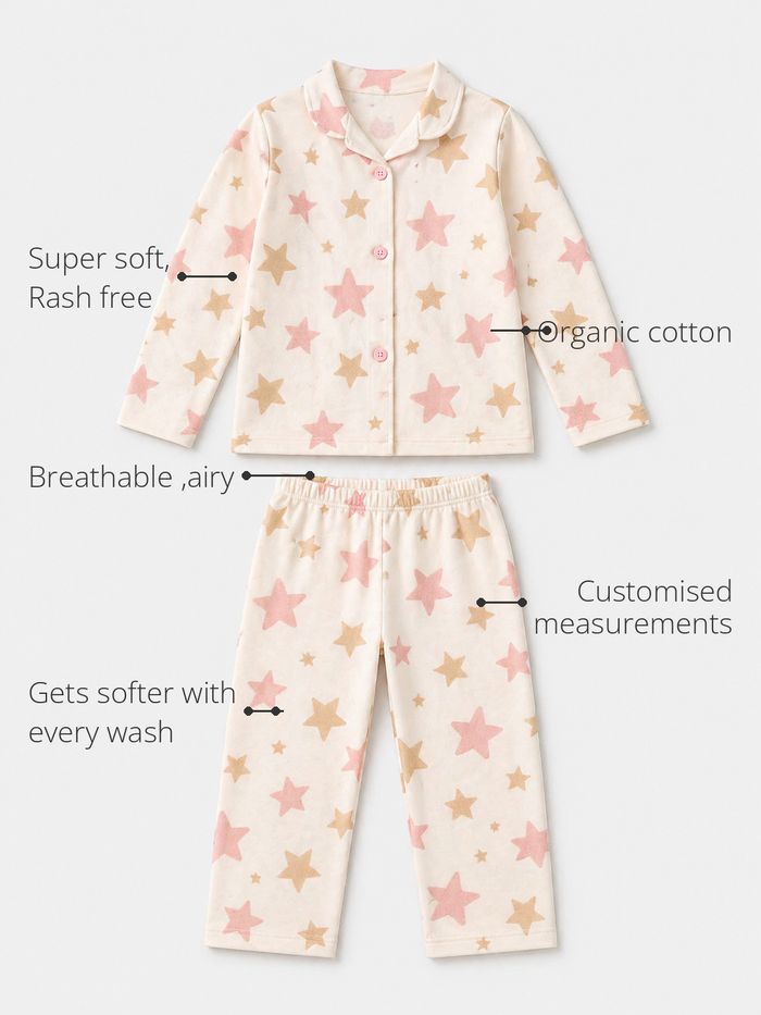 Anaario Starlight Night Suit features - organic cotton, super soft and rash free, breathable, gets softer with every wash, customised measurements