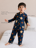 Anaario Starry Night Suit features - organic cotton, super soft and rash free, breathable, gets softer with every wash, customised measurements