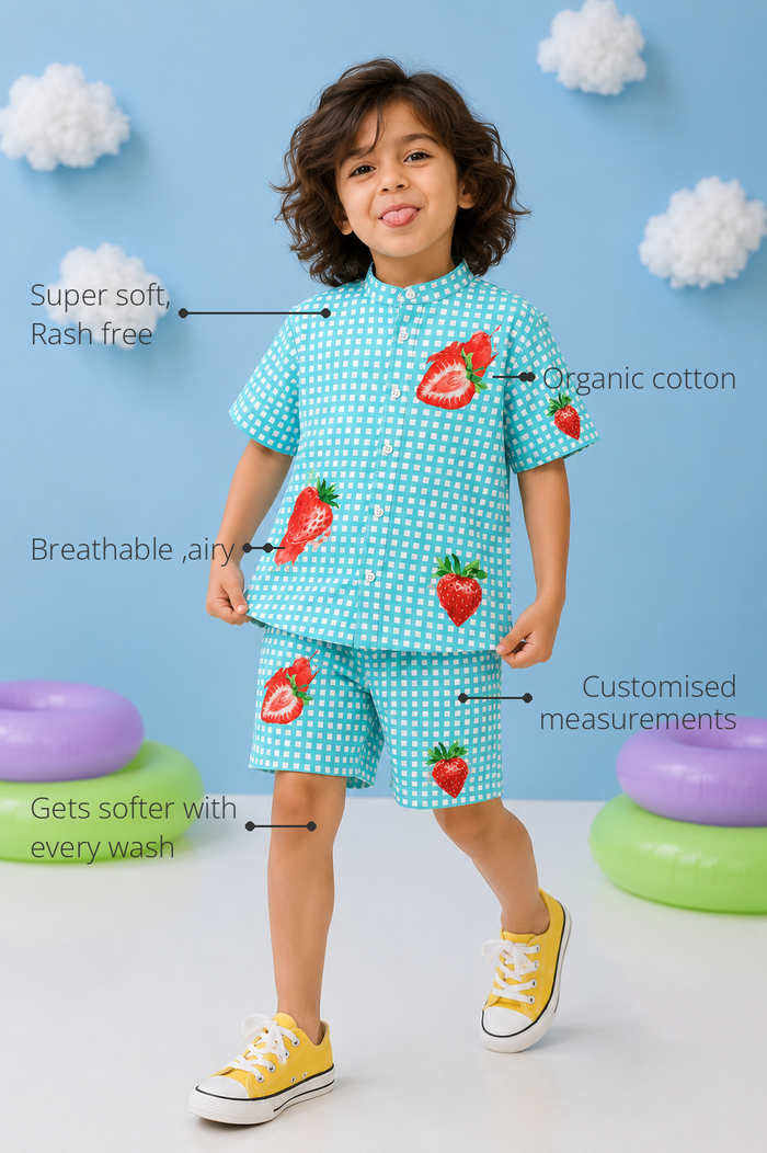 Anaario Strawberry Aqua Shorts features - organic cotton, super soft and rash free, breathable, gets softer with every wash, customised measurements