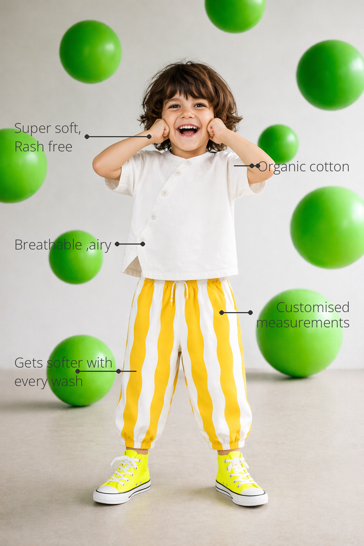 Anaario Sun Stripe Wrap Co-ord Set features - organic cotton, super soft and rash free, breathable, gets softer with every wash, customised measurements