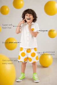 Anaario Sunbeam Dot Pocket Shorts features - organic cotton, super soft and rash free, breathable, gets softer with every wash, customised measurements
