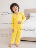Anaario Sunny Dots Night Suit features - organic cotton, super soft and rash free, breathable, gets softer with every wash, customised measurements