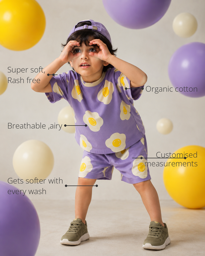 Anaario Sunny Side Up Co-ord Set features - organic cotton, super soft and rash free, breathable, gets softer with every wash, customised measurements