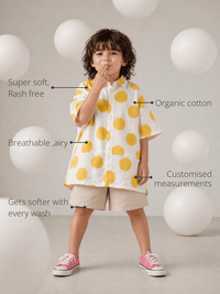 Anaario Sunshine Dot Shirt features - organic cotton, super soft and rash free, breathable, gets softer with every wash, customised measurements