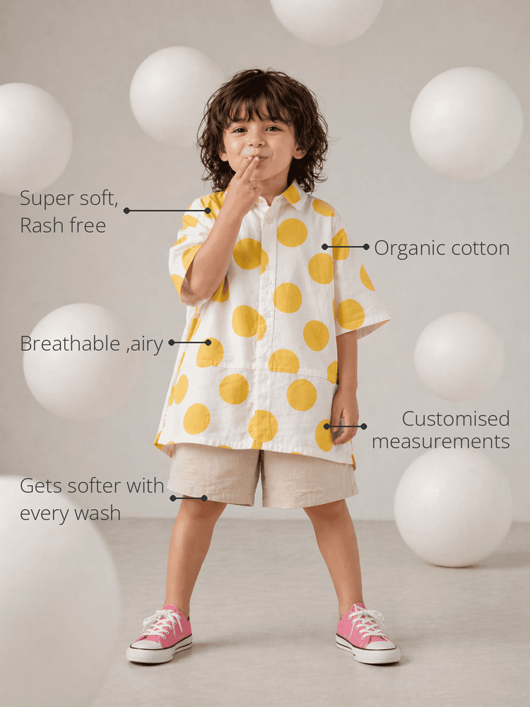 Anaario Sunshine Dot Shirt features - organic cotton, super soft and rash free, breathable, gets softer with every wash, customised measurements