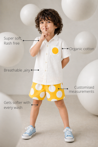 Anaario Sunshine Pop Shorts features - organic cotton, super soft and rash free, breathable, gets softer with every wash, customised measurements
