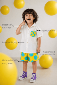 Anaario Sunshine Pop Shorts features - organic cotton, super soft and rash free, breathable, gets softer with every wash, customised measurements