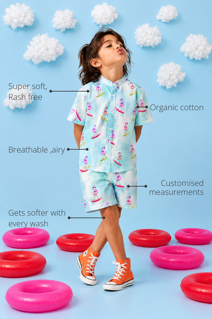 Anaario Surfing Flamingo Shorts features - organic cotton, super soft and rash free, breathable, gets softer with every wash, customised measurements