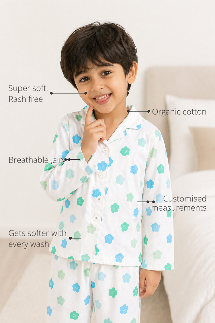 Anaario Teal Blossom Night Suit features - organic cotton, super soft and rash free, breathable, gets softer with every wash, customised measurements