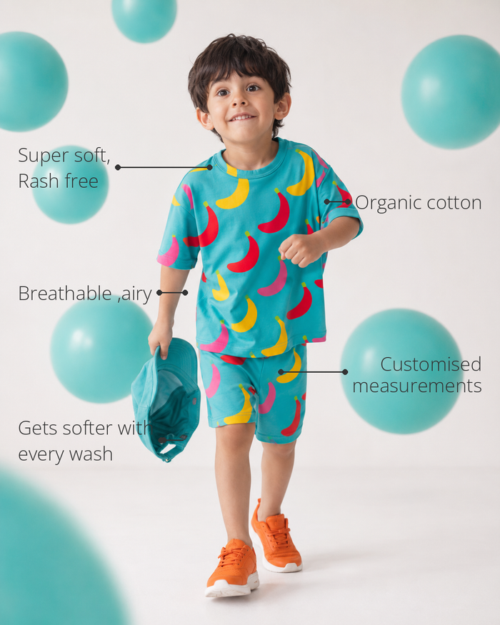 Anaario Top Banana Co-ord Set features - organic cotton, super soft and rash free, breathable, gets softer with every wash, customised measurements