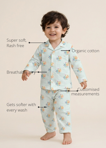 Anaario Tropical Fish Night Suit features - organic cotton, super soft and rash free, breathable, gets softer with every wash, customised measurements
