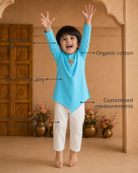 Anaario Turquoise Palm-Motif Asymmetrical Kurta features - organic cotton, super soft and rash free, breathable, dry clean only, customised measurements