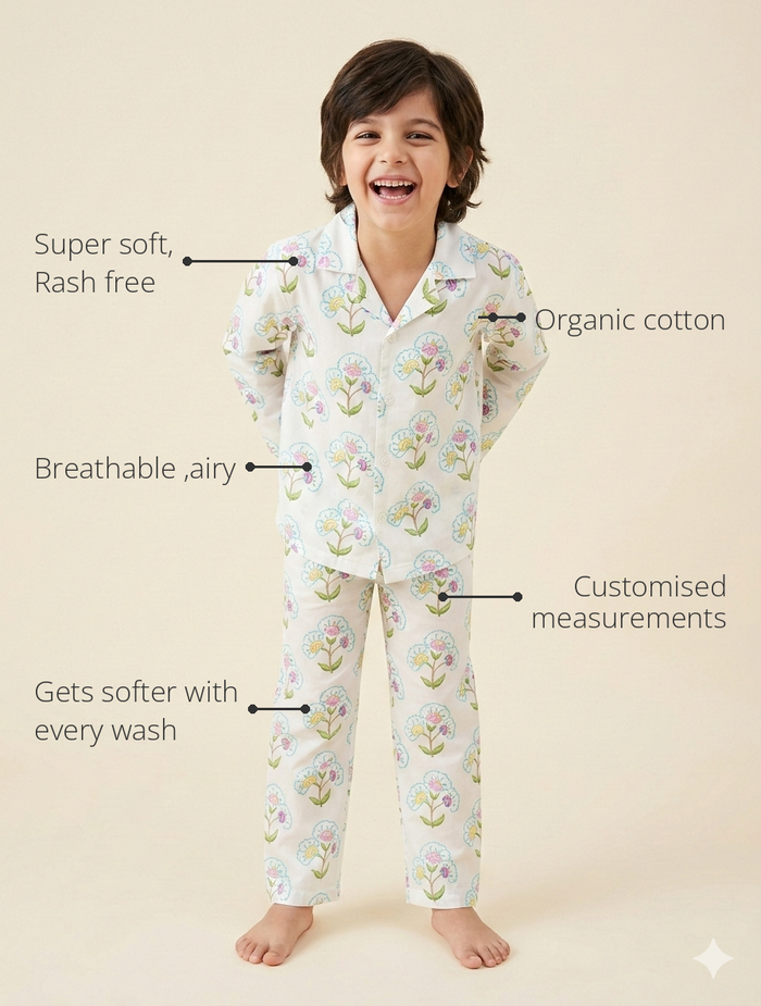 Anaario Vintage Garden Night Suit features - organic cotton, super soft and rash free, breathable, gets softer with every wash, customised measurements