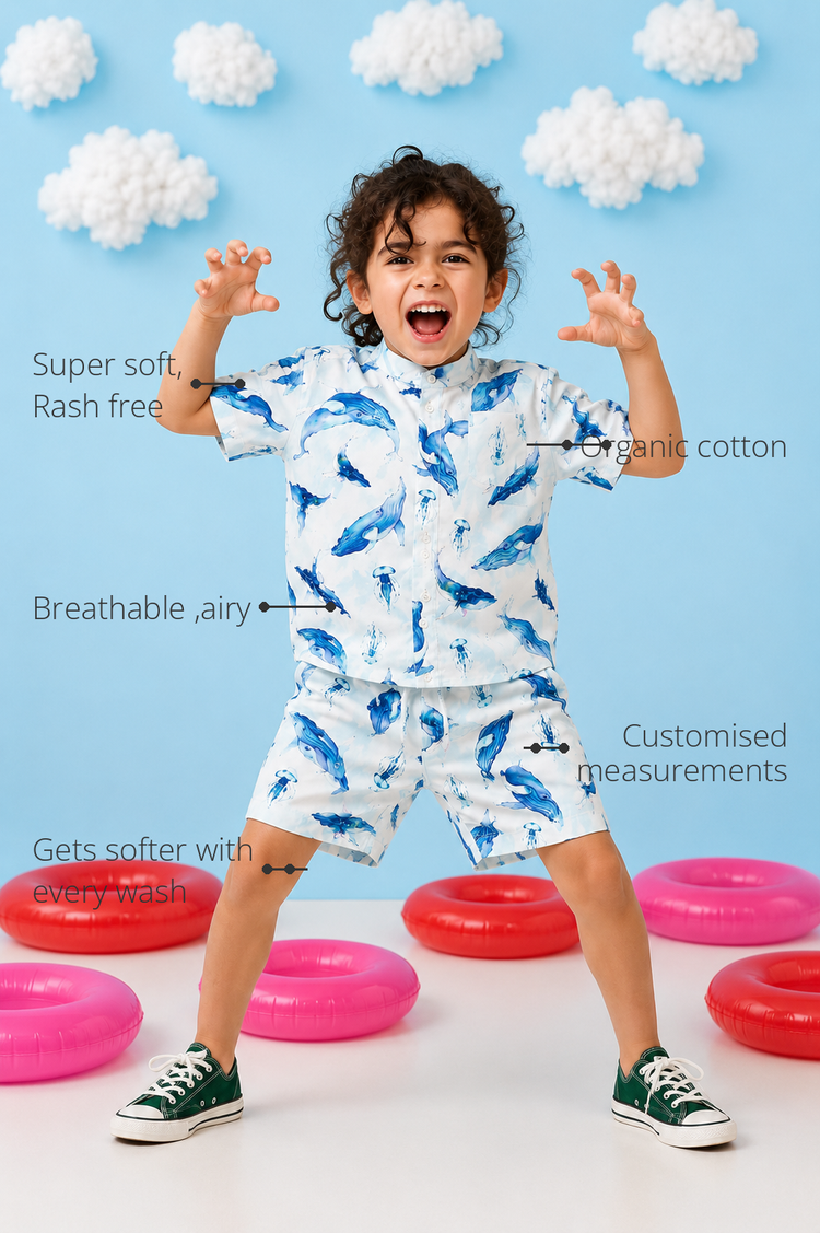 Anaario Whale Ocean Shorts features - organic cotton, super soft and rash free, breathable, gets softer with every wash, customised measurements
