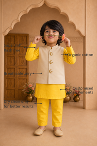 Anaario Yellow Moon-Star Waistcoat Set features - organic cotton, super soft and rash free, breathable, dry clean only, customised measurements