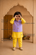 Anaario Yellow Palm-Motif Waistcoat Set features - organic cotton, super soft and rash free, breathable, dry clean only, customised measurements
