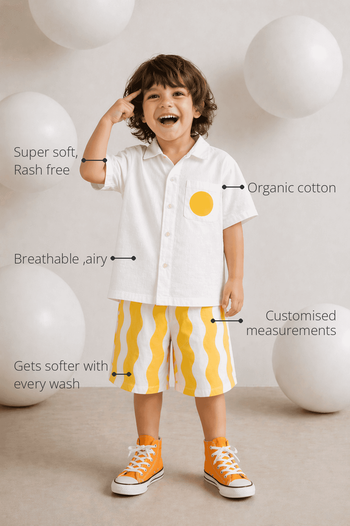 Anaario Yellow Stripe Shorts features - organic cotton, super soft and rash free, breathable, gets softer with every wash, customised measurements