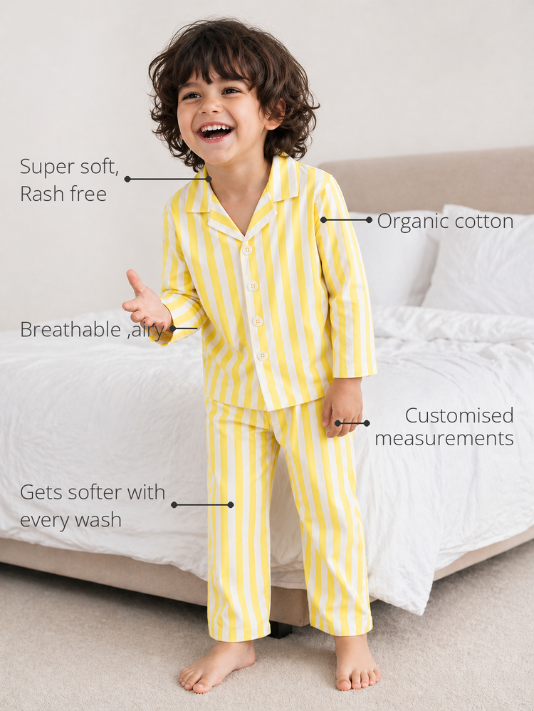 Anaario Yellow Stripes Night Suit features - organic cotton, super soft and rash free, breathable, gets softer with every wash, customised measurements