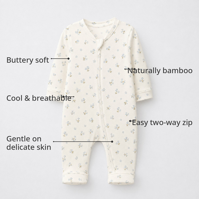 Bunny & Blossom Bamboo Baby Sleepsuit – Zip Romper Onesie Combo – features