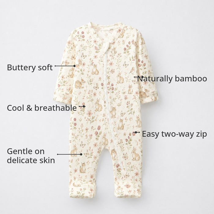 Bunny & Kitty Floral Bamboo Baby Sleepsuit – Zip Romper Onesie Combo – features