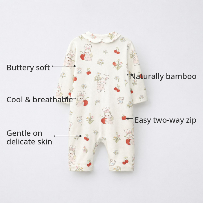 Cherry & Bunny Bamboo Baby Sleepsuit – Zip Romper Onesie – features