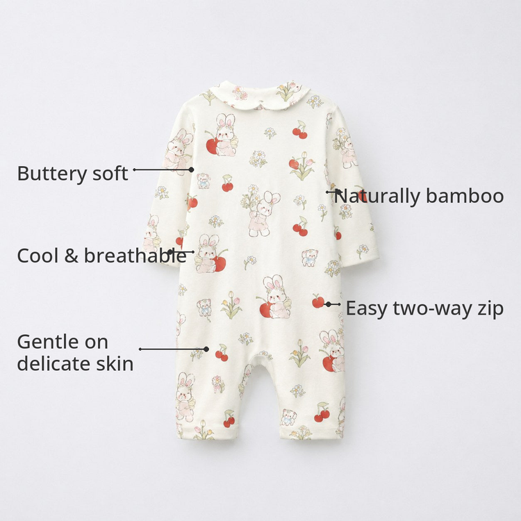 Cherry & Bunny Bamboo Baby Sleepsuit – Zip Romper Onesie – features