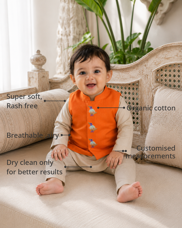 Anaario Cream Bird Waistcoat Kurta features - organic cotton, super soft and rash free, breathable, dry clean only, customised measurements