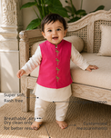 Anaario Cream Flamingo Waistcoat Kurta Set features - organic cotton, super soft and rash free, breathable, dry clean only, customised measurements