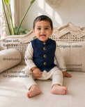 Anaario Cream Navy Moon-Star Waistcoat Kurta features - organic cotton, super soft and rash free, breathable, dry clean only, customised measurements
