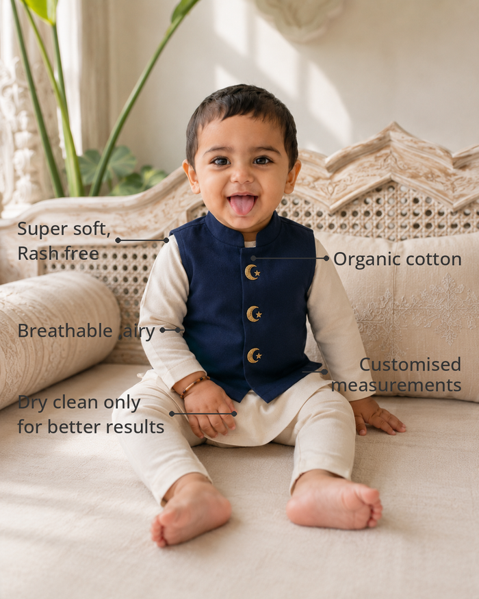 Anaario Cream Navy Moon-Star Waistcoat Kurta features - organic cotton, super soft and rash free, breathable, dry clean only, customised measurements