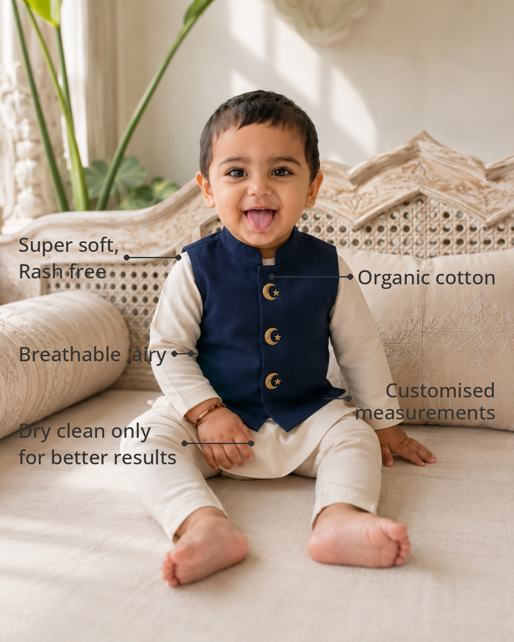 Anaario Cream Navy Moon-Star Waistcoat Kurta features - organic cotton, super soft and rash free, breathable, dry clean only, customised measurements