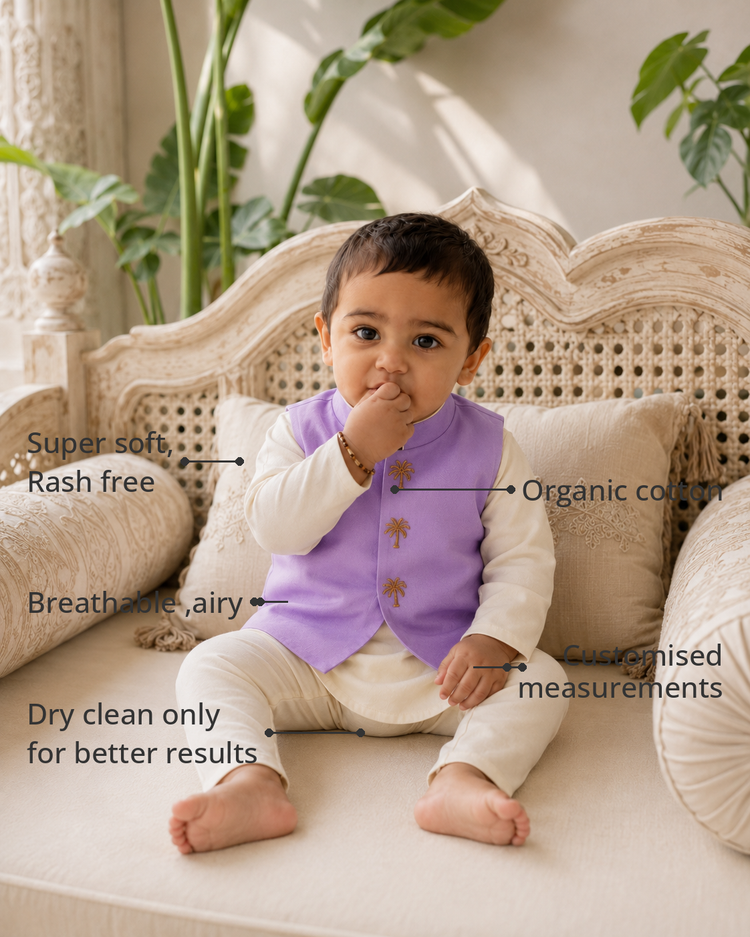Anaario Cream Palm Waistcoat Kurta Set features - organic cotton, super soft and rash free, breathable, dry clean only, customised measurements