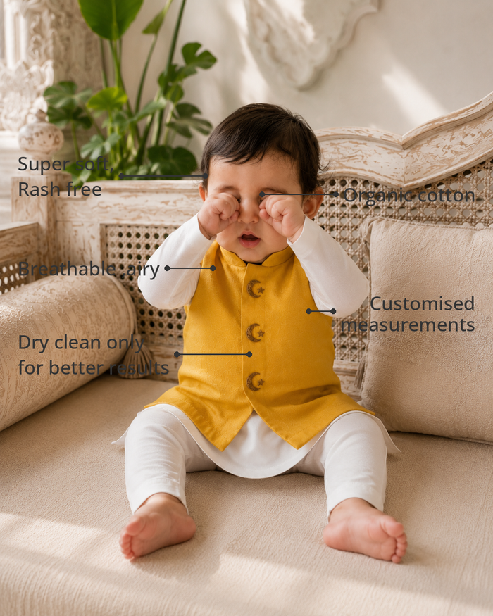 Anaario Cream Yellow Moon-Star Waistcoat Kurta features - organic cotton, super soft and rash free, breathable, dry clean only, customised measurements