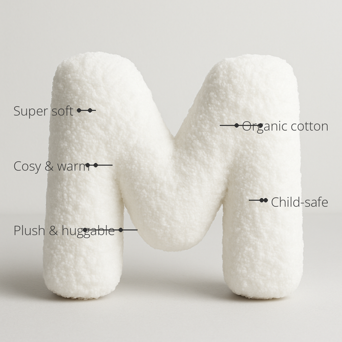 Anaario Alphabet Fleece Cushion features - organic cotton, super soft, cosy and warm, plush and huggable, child-safe