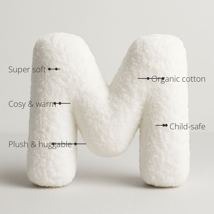 Anaario Alphabet Fleece Cushion features - organic cotton, super soft, cosy and warm, plush and huggable, child-safe