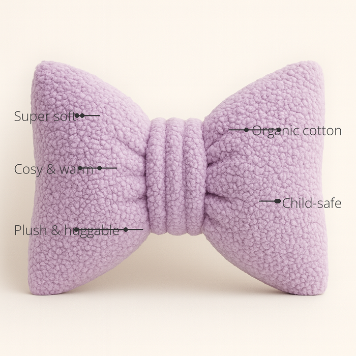 Anaario Bow Fleece Cushion features - organic cotton, super soft, cosy and warm, plush and huggable, child-safe