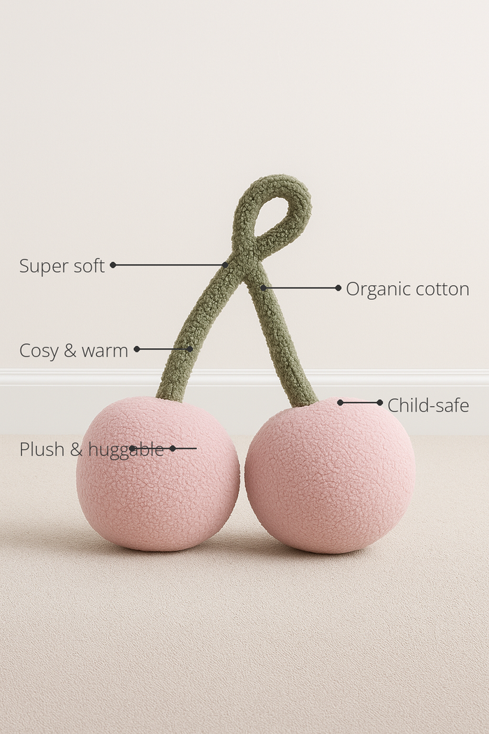 Anaario Cherry Fleece Cushion features - organic cotton, super soft, cosy and warm, plush and huggable, child-safe