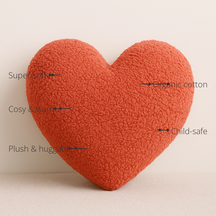 Anaario Heart Fleece Cushion features - organic cotton, super soft, cosy and warm, plush and huggable, child-safe